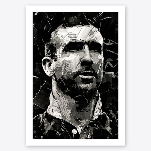 A digital collage portrait of Eric Cantona created using ripped up magazines and newspaper. An archival standard quality print from The Building House.