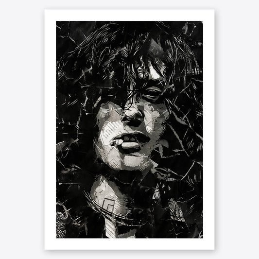 A digital collage portrait of Jimmy Page of Led Zeppelin created using ripped up magazines and newspaper. An archival standard quality print from The Building House.