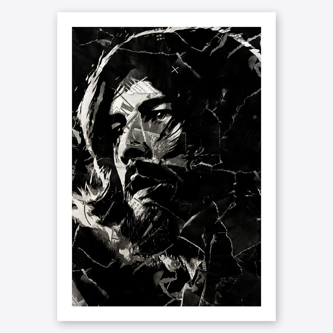 A digital collage portrait of John Bonham of Led Zeppelin created using ripped up magazines and newspaper. An archival standard quality print from The Building House.