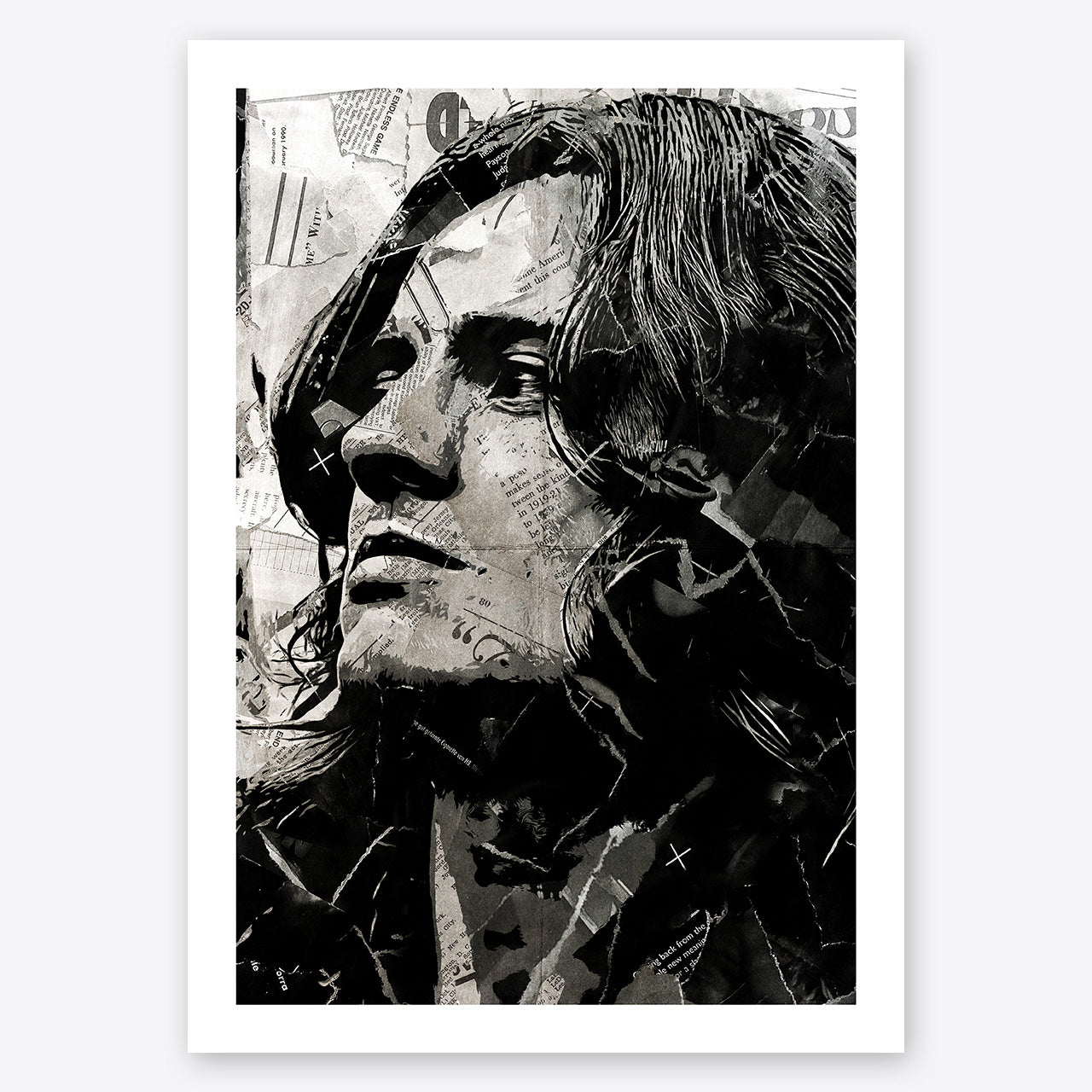 A digital collage portrait of John Paul Jone of Led Zeppelin created using ripped up magazines and newspaper. An archival standard quality print from The Building House.