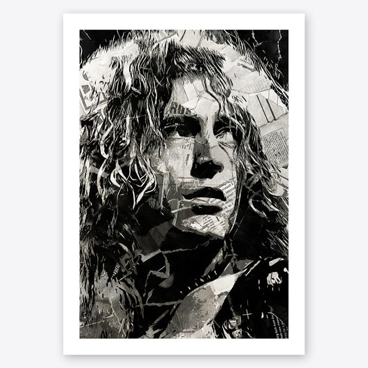 A digital collage portrait of Robert Plant of Led Zeppelin created using ripped up magazines and newspaper. An archival standard quality print from The Building House.