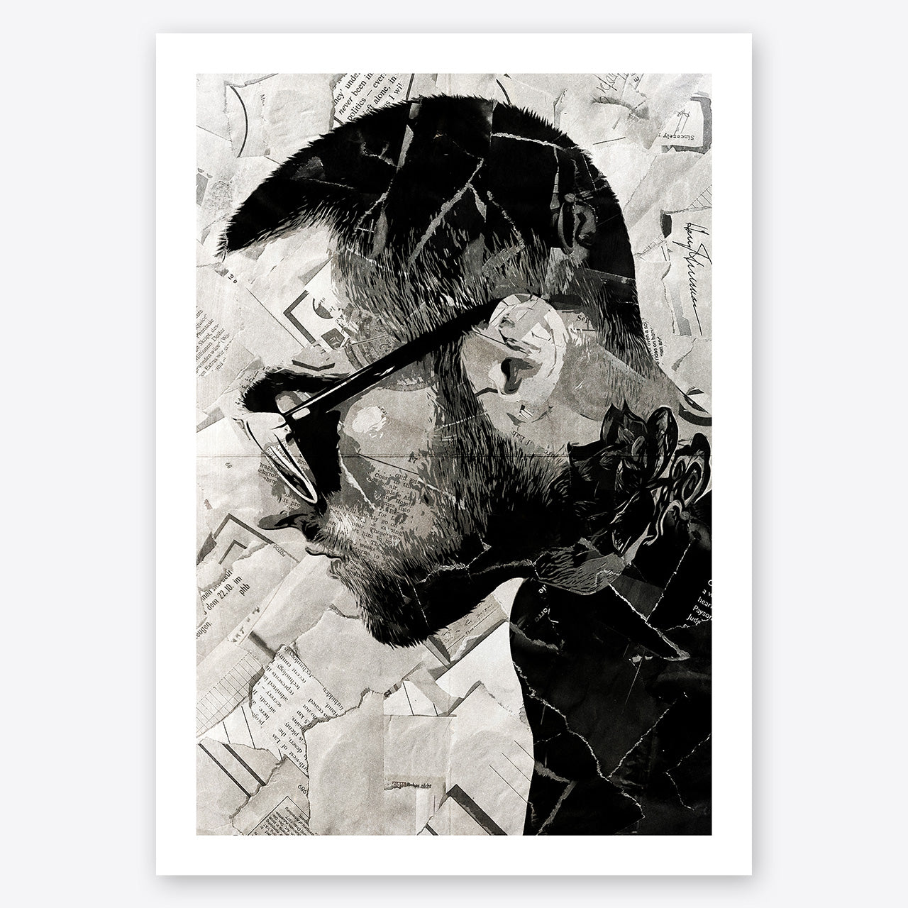 A digital collage portrait of Mac Miller created using ripped up magazines and newspaper. An archival standard quality print from The Building House.