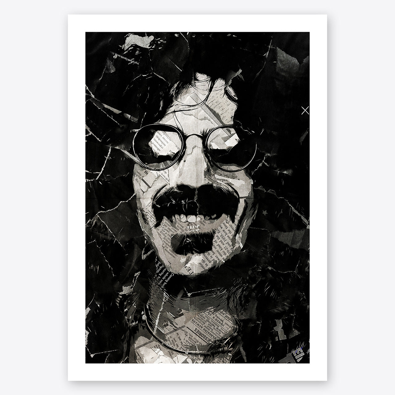 A digital collage portrait of Frank Zappa created using ripped up magazines and newspaper. An archival standard quality print from The Building House.