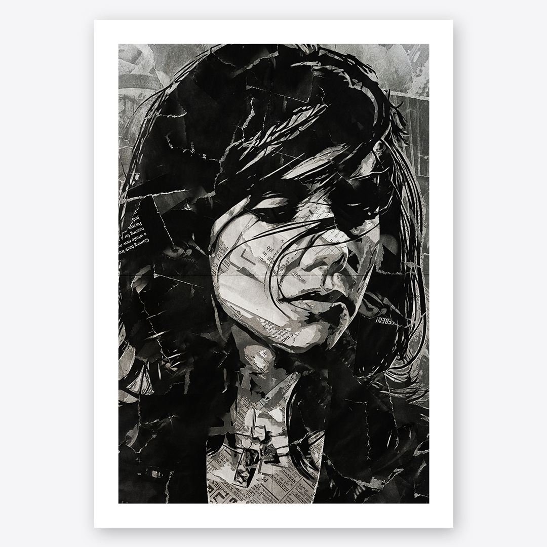A PJ Harvey poster design - a portrait of Polly Jean made using a collage of torn pieces of magazine pages in black and white.