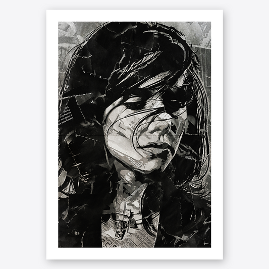 A PJ Harvey poster design - a portrait of Polly Jean made using a collage of torn pieces of magazine pages in black and white.