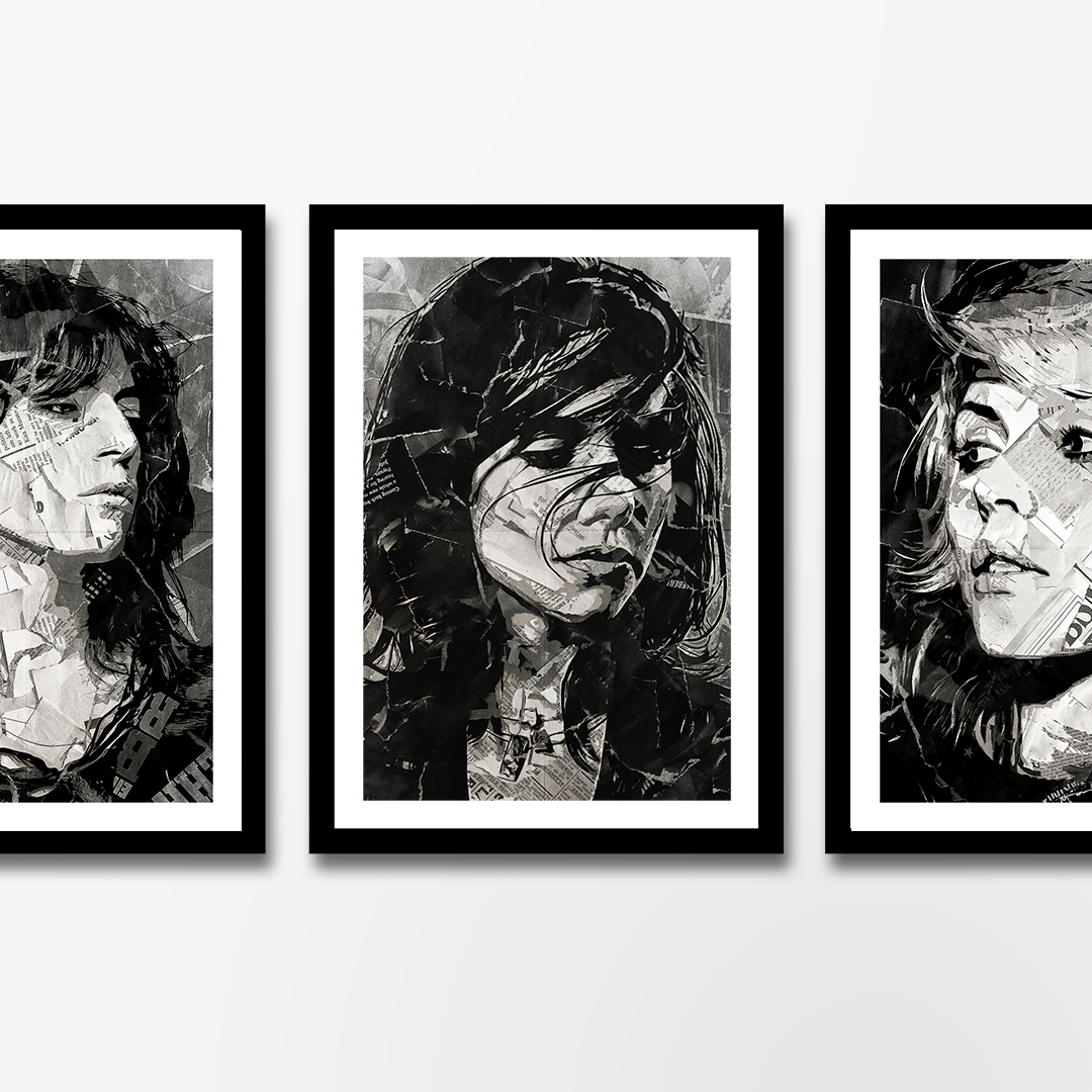 A PJ Harvey poster design - a portrait of Polly Jean made using a collage of torn pieces of magazine pages in black and white.