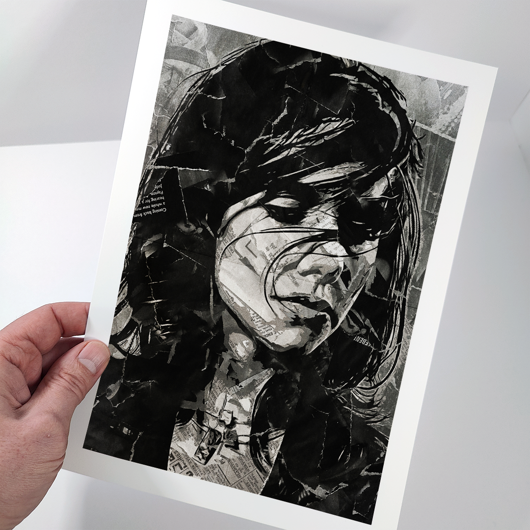 A PJ Harvey poster design - a portrait of Polly Jean made using a collage of torn pieces of magazine pages in black and white.