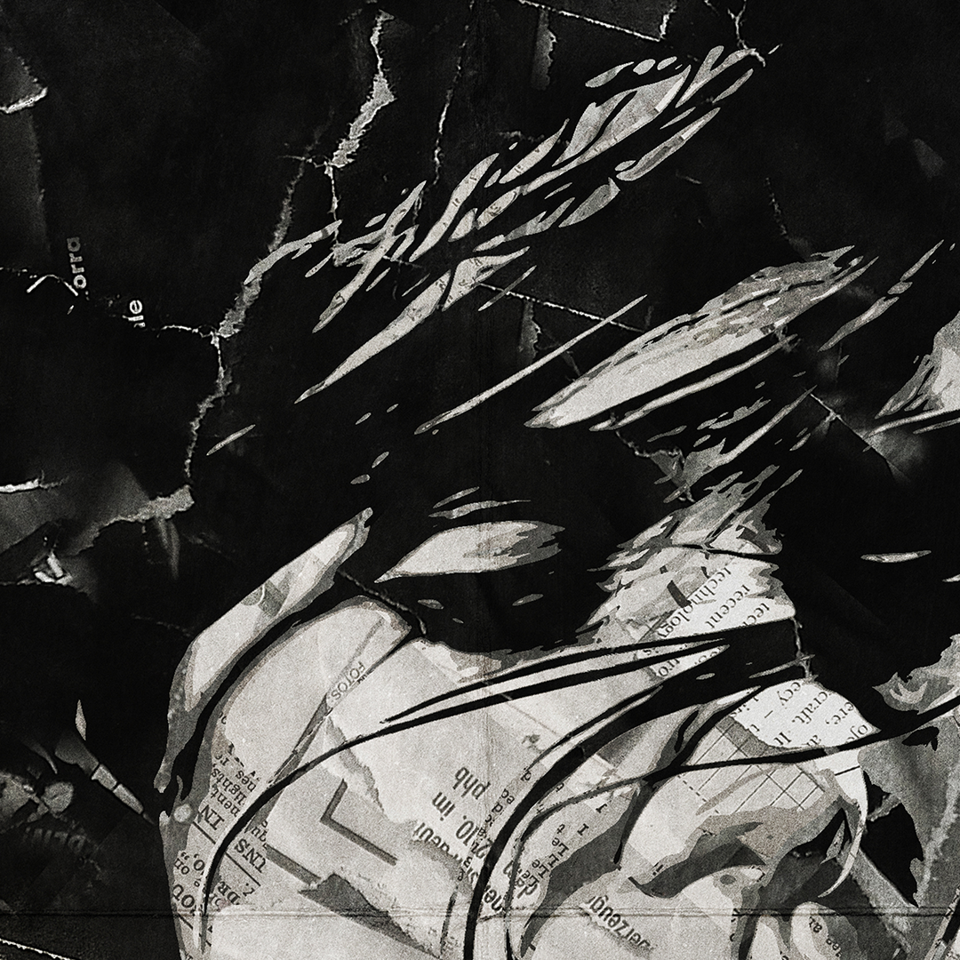 A PJ Harvey poster design - a portrait of Polly Jean made using a collage of torn pieces of magazine pages in black and white.