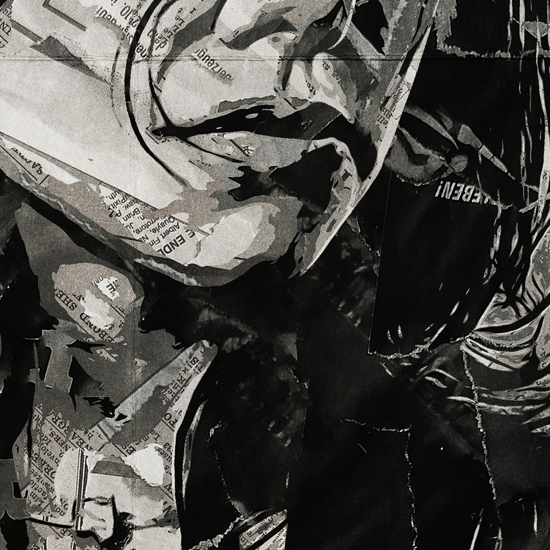 A PJ Harvey poster design - a portrait of Polly Jean made using a collage of torn pieces of magazine pages in black and white.