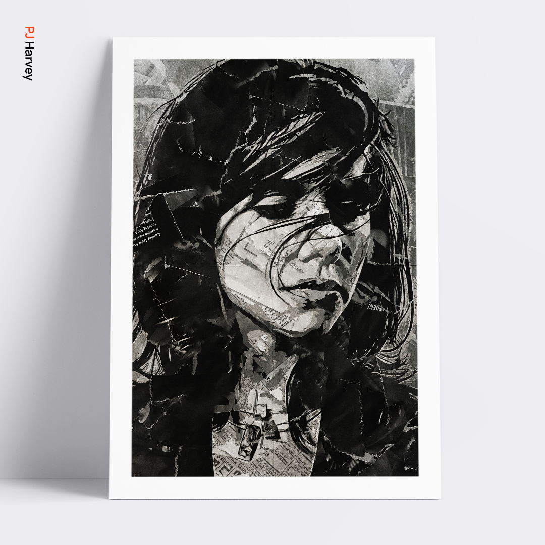 A PJ Harvey poster design - a portrait of Polly Jean made using a collage of torn pieces of magazine pages in black and white.