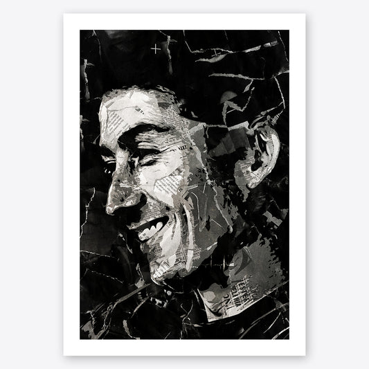 A digital collage portrait of Mark Hollis of Talk Talk created using ripped up magazines and newspaper. An archival standard quality print from The Building House.