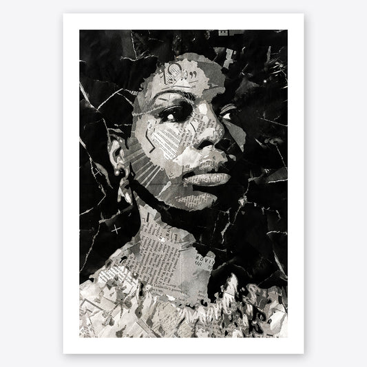 A digital collage portrait of Nina Simone created using ripped up magazines and newspaper. An archival standard quality print from The Building House.