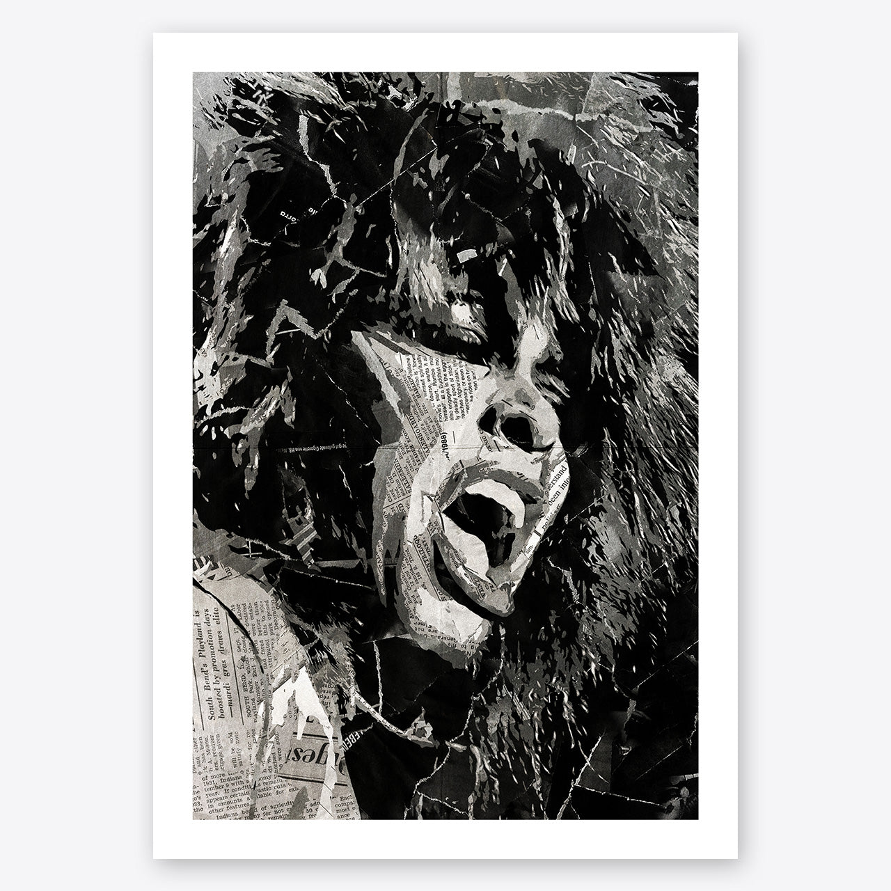 A digital collage portrait of Tina Turner created using ripped up magazines and newspaper. An archival standard quality print from The Building House.