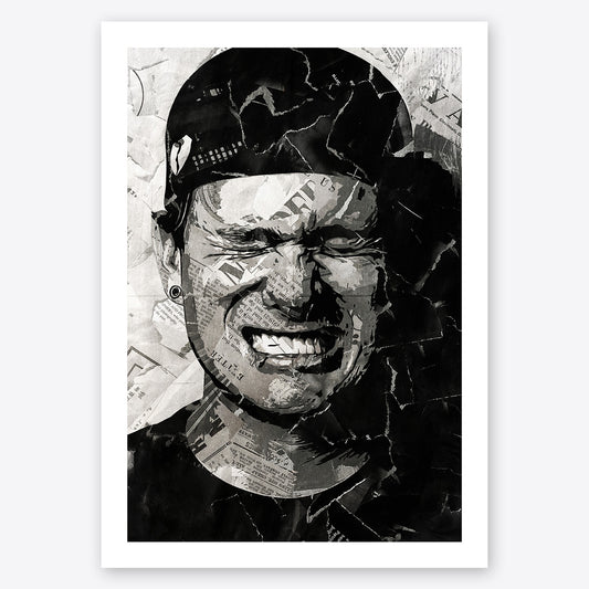 A digital collage portrait of Tom DeLonge of Blink 182 created using ripped up magazines and newspaper. An archival standard quality print from The Building House.