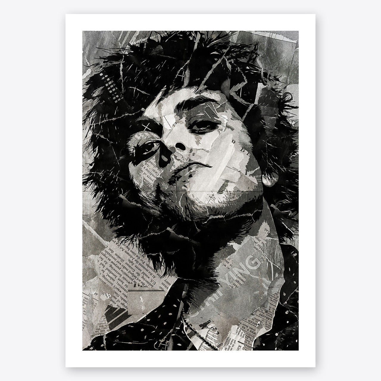 A digital collage portrait of Billie Joe Armstrong of Green Day created using ripped up magazines and newspaper. An archival standard quality print from The Building House.