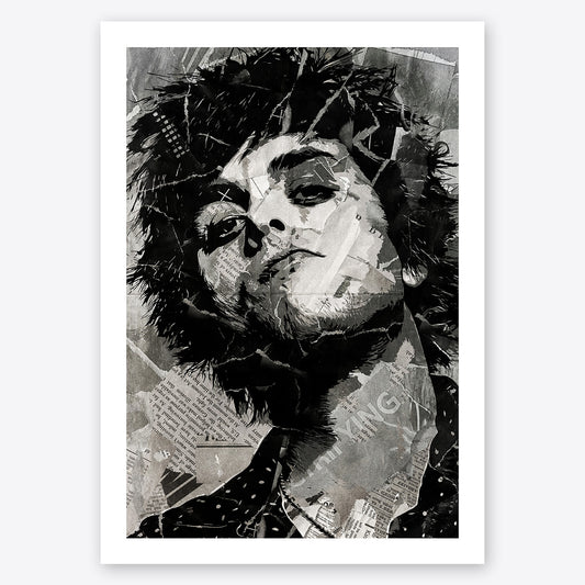 A digital collage portrait of Billie Joe Armstrong of Green Day created using ripped up magazines and newspaper. An archival standard quality print from The Building House.