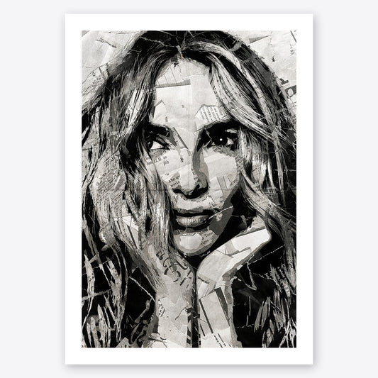 A digital collage portrait of Jodie Comer created using ripped up magazines and newspaper. An archival standard quality print from The Building House.