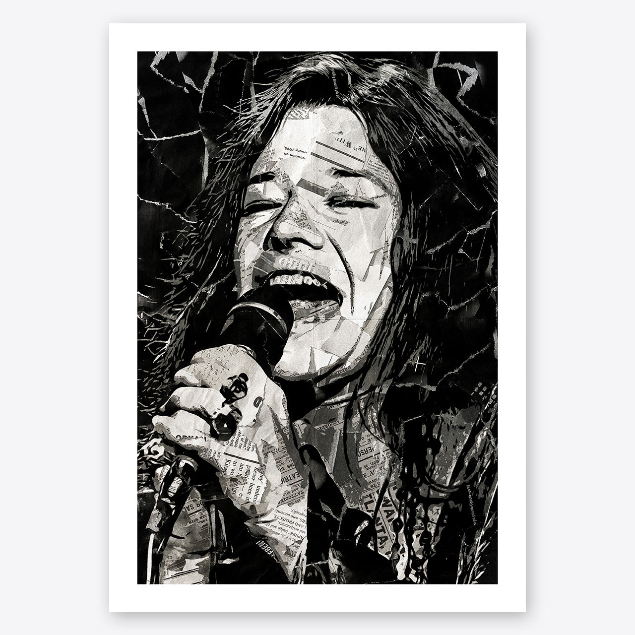 A digital collage portrait of Janis Joplin created using ripped up magazines and newspaper. An archival standard quality print from The Building House.