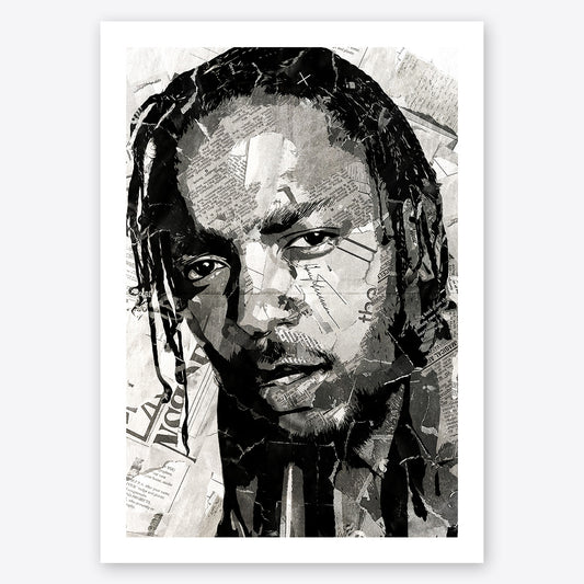 A digital collage portrait of Kendrick Lamar created using ripped up magazines and newspaper. An archival standard quality print from The Building House.