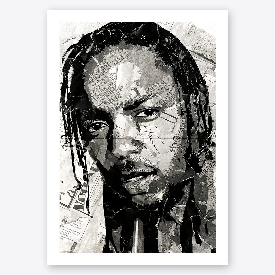 A Kendrick Lamar poster design - a portrait of Kendrick made using a collage of torn pieces of magazine pages in black and white.