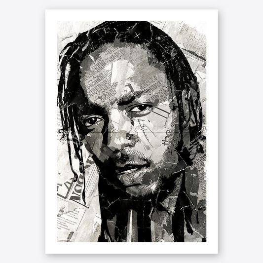 A Kendrick Lamar poster design - a portrait of Kendrick made using a collage of torn pieces of magazine pages in black and white.