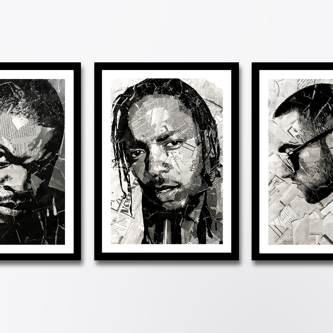 A Kendrick Lamar poster design - a portrait of Kendrick made using a collage of torn pieces of magazine pages in black and white.