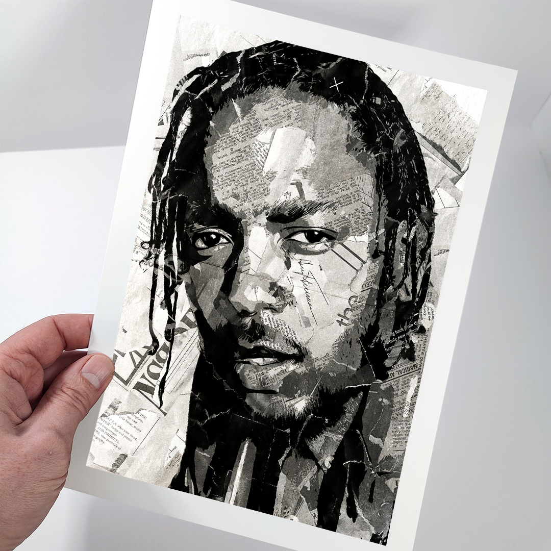 A Kendrick Lamar poster design - a portrait of Kendrick made using a collage of torn pieces of magazine pages in black and white.