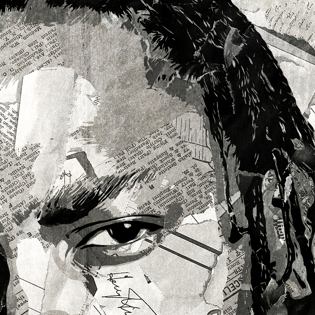 A Kendrick Lamar poster design - a portrait of Kendrick made using a collage of torn pieces of magazine pages in black and white.