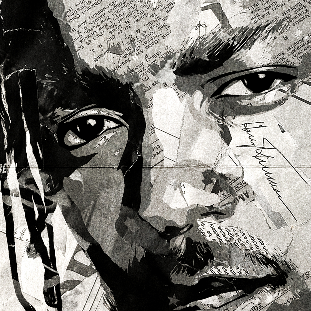 A Kendrick Lamar poster design - a portrait of Kendrick made using a collage of torn pieces of magazine pages in black and white.