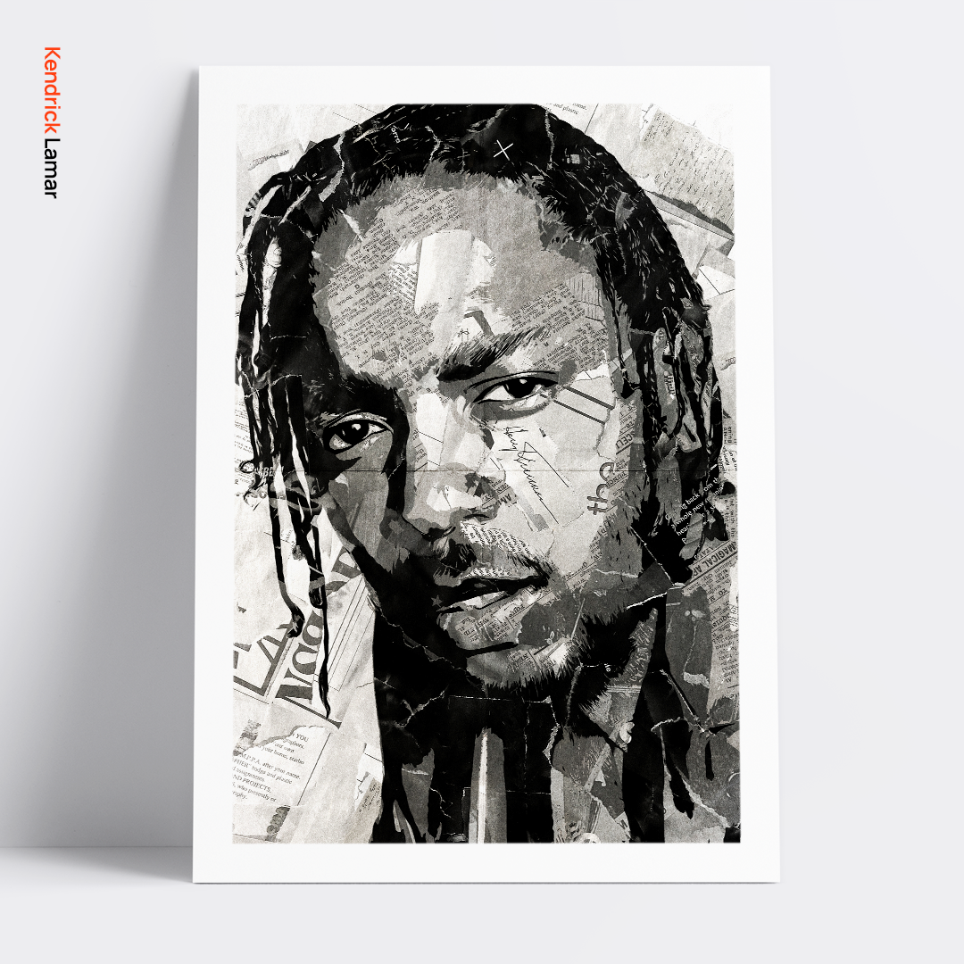 A Kendrick Lamar poster design - a portrait of Kendrick made using a collage of torn pieces of magazine pages in black and white.