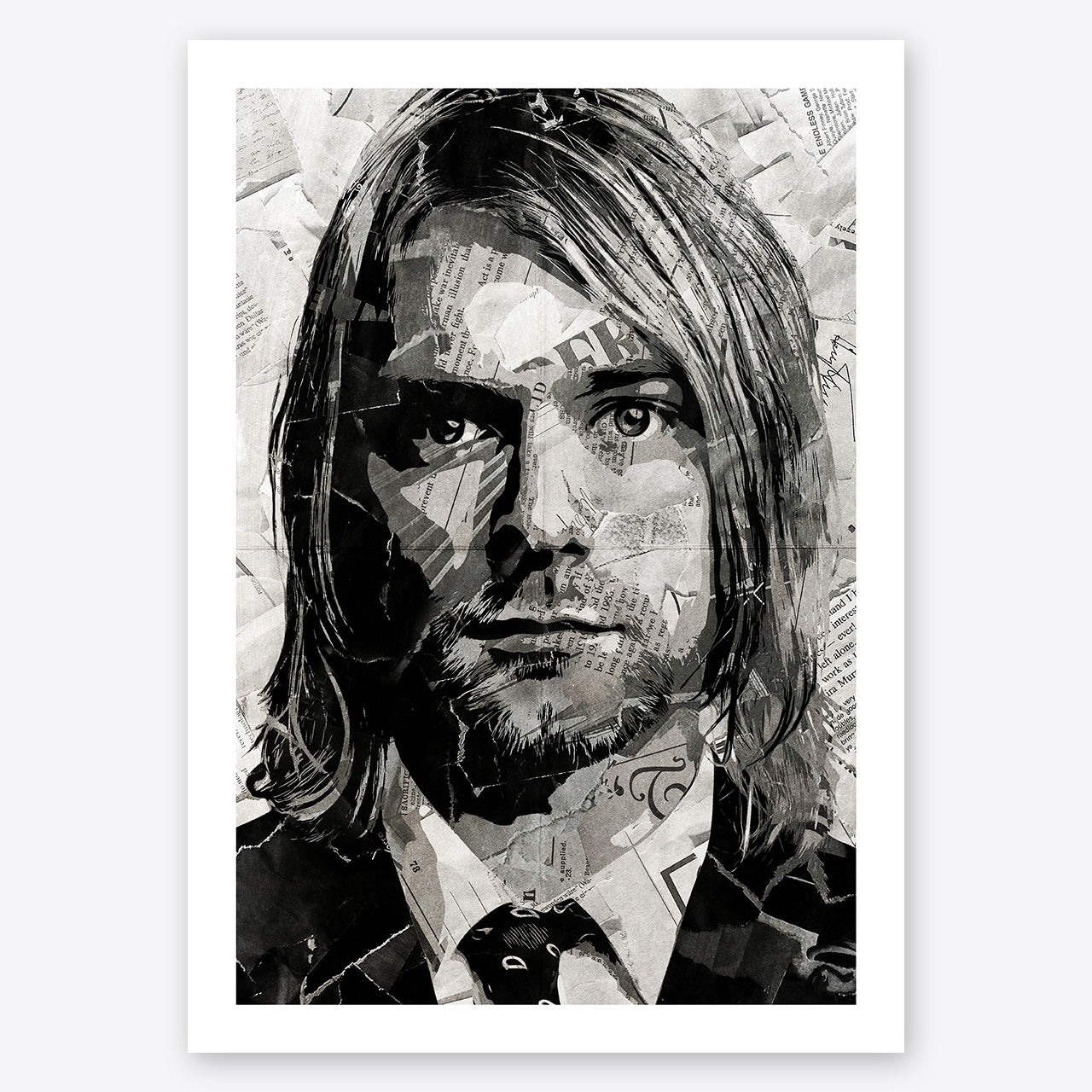 A digital collage portrait of Kurt Cobain of Nirvana created using ripped up magazines and newspaper. An archival standard quality print from The Building House.