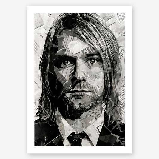A Kurt Cobain (Nirvana) poster design - a portrait of Kurt made using a collage of torn pieces of magazine pages in black and white.