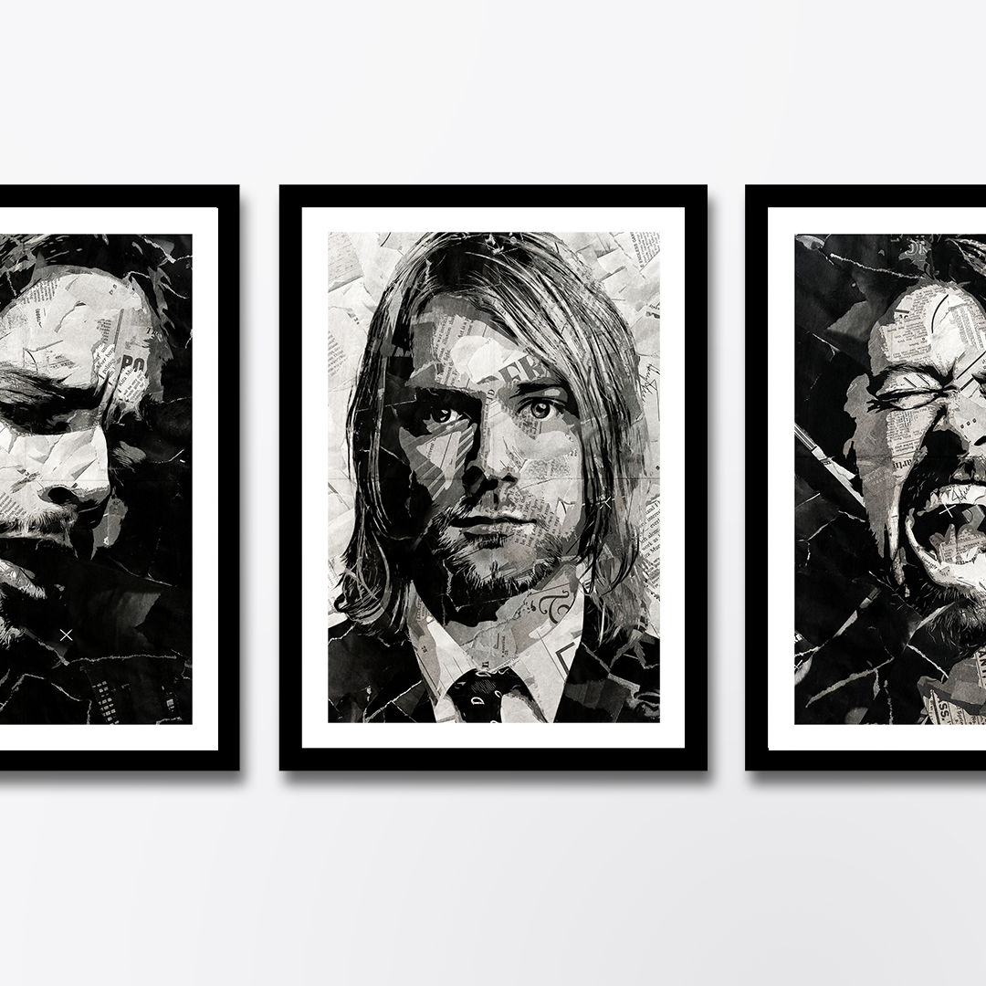 A Kurt Cobain (Nirvana) poster design - a portrait of Kurt made using a collage of torn pieces of magazine pages in black and white.