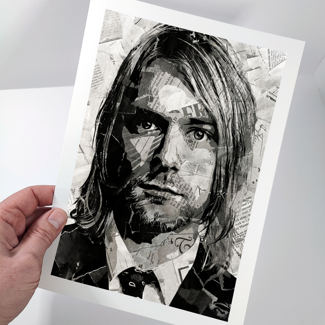 A Kurt Cobain (Nirvana) poster design - a portrait of Kurt made using a collage of torn pieces of magazine pages in black and white.