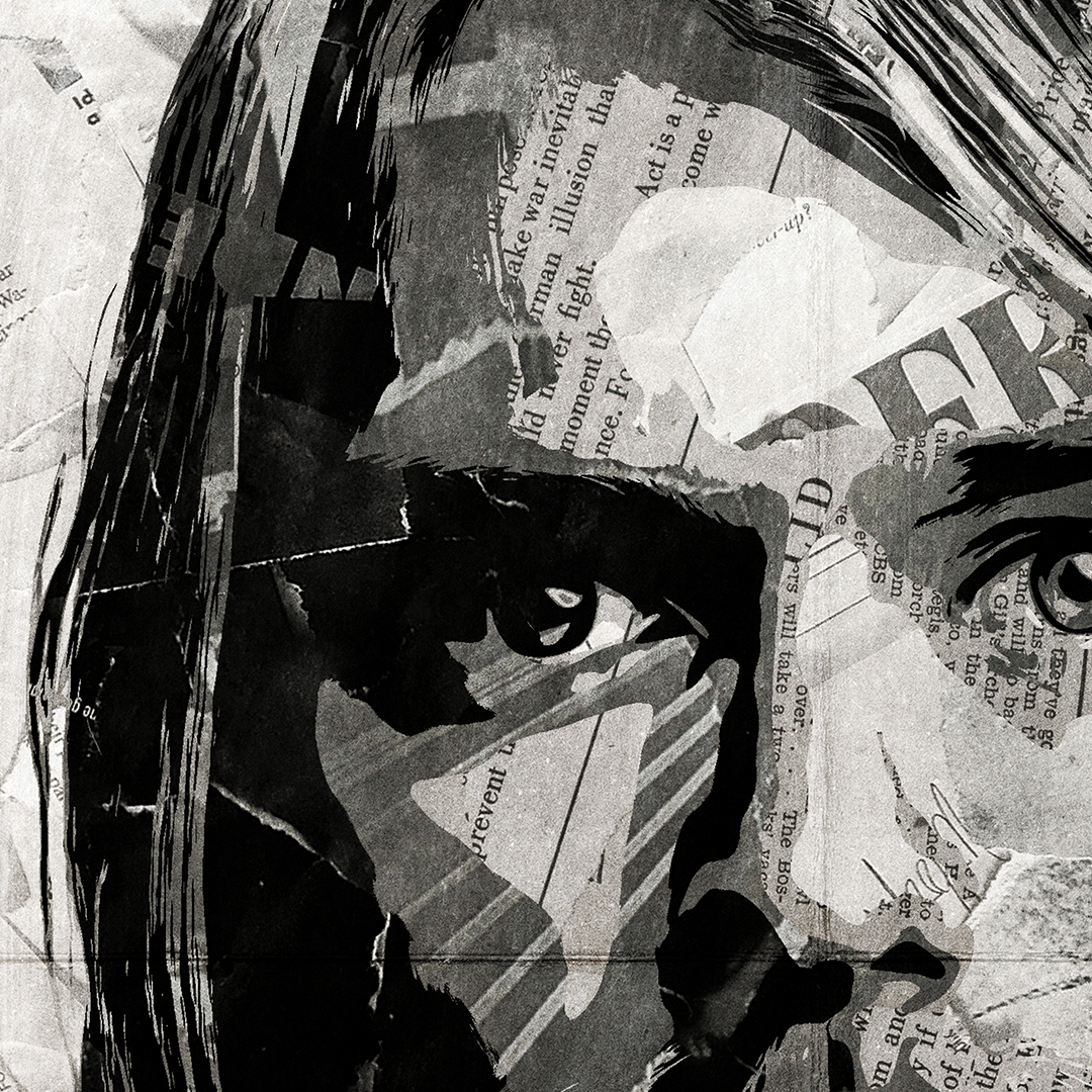 A Kurt Cobain (Nirvana) poster design - a portrait of Kurt made using a collage of torn pieces of magazine pages in black and white.