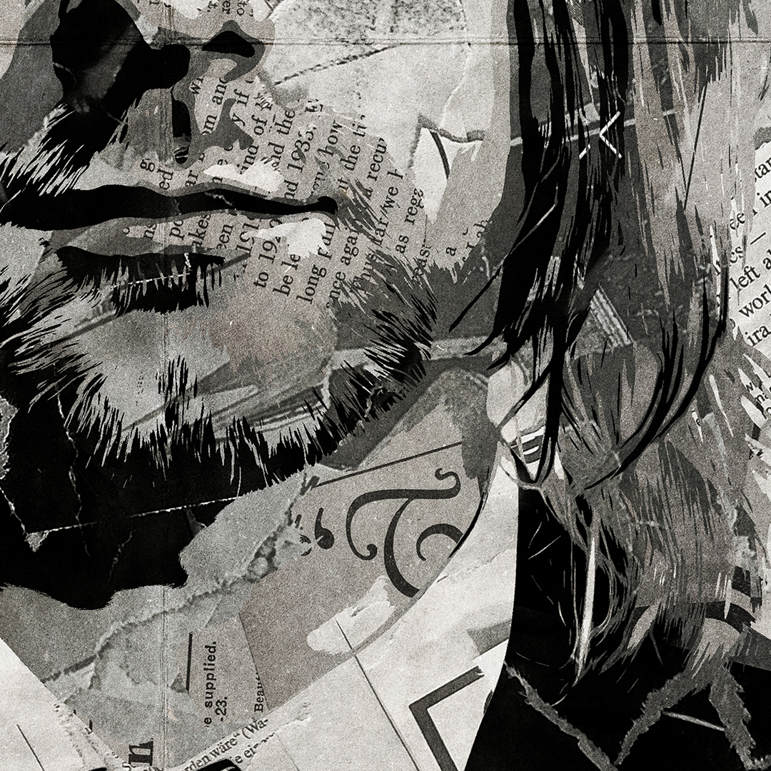 A Kurt Cobain (Nirvana) poster design - a portrait of Kurt made using a collage of torn pieces of magazine pages in black and white.