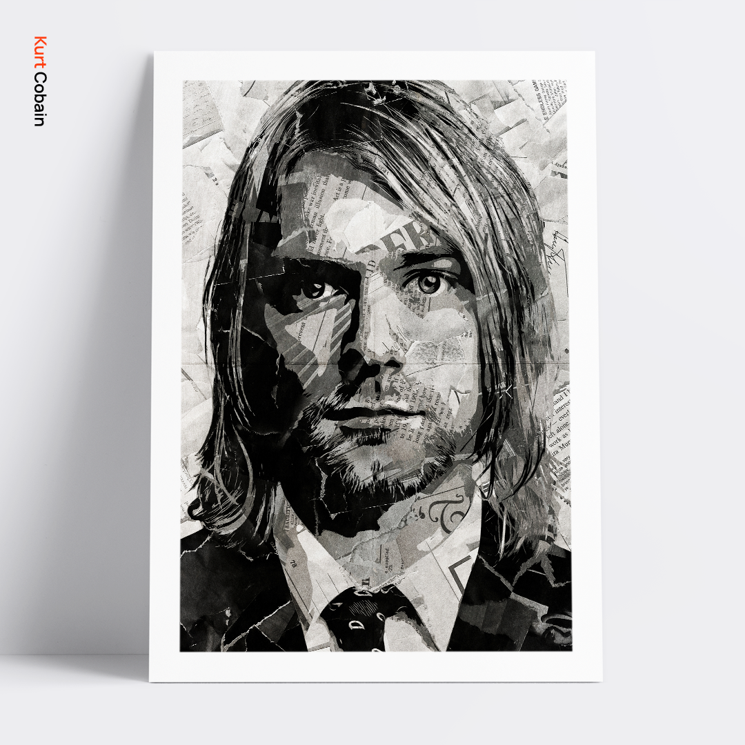 A Kurt Cobain (Nirvana) poster design - a portrait of Kurt made using a collage of torn pieces of magazine pages in black and white.