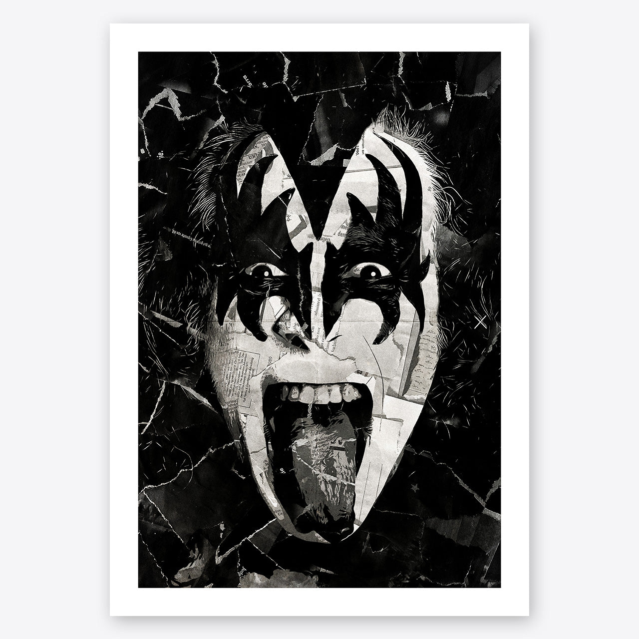 A digital collage portrait of Gene Simmons of Kiss created using ripped up magazines and newspaper. An archival standard quality print from The Building House.