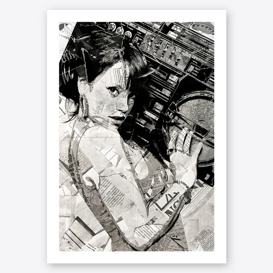 A Lily Allen poster design - a portrait of Lily Allen made using a collage of torn pieces of magazine pages in black and white.