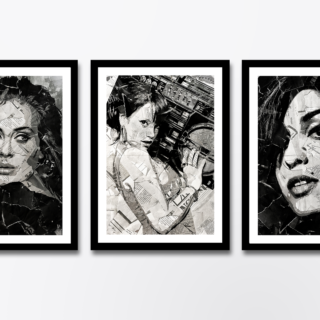 A Lily Allen poster design - a portrait of Lily Allen made using a collage of torn pieces of magazine pages in black and white.