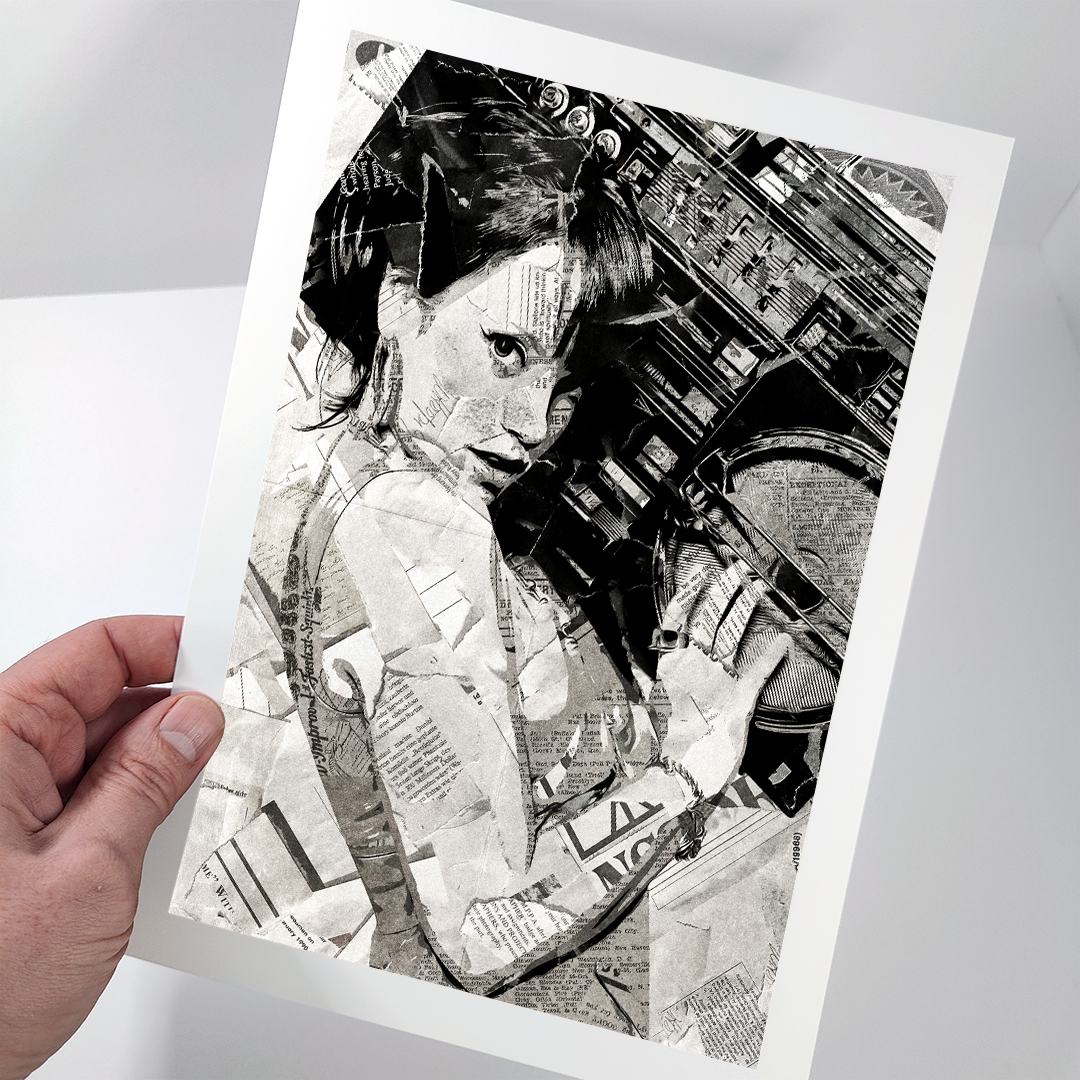 A Lily Allen poster design - a portrait of Lily Allen made using a collage of torn pieces of magazine pages in black and white.