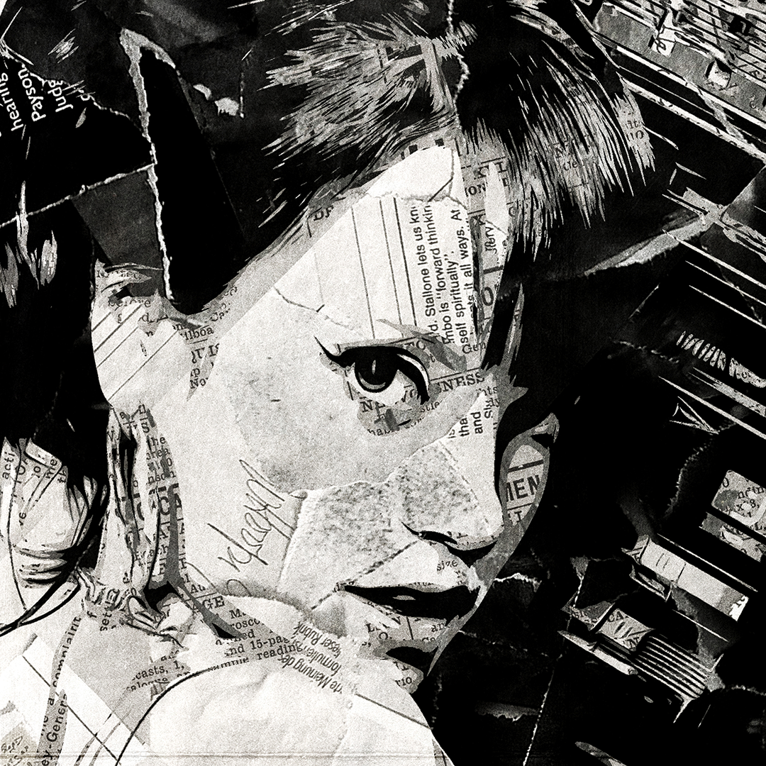 A Lily Allen poster design - a portrait of Lily Allen made using a collage of torn pieces of magazine pages in black and white.