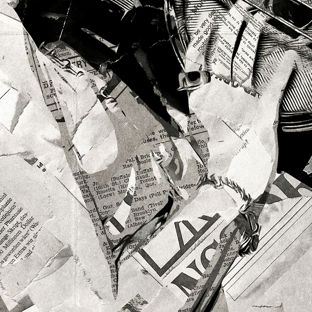 A Lily Allen poster design - a portrait of Lily Allen made using a collage of torn pieces of magazine pages in black and white.