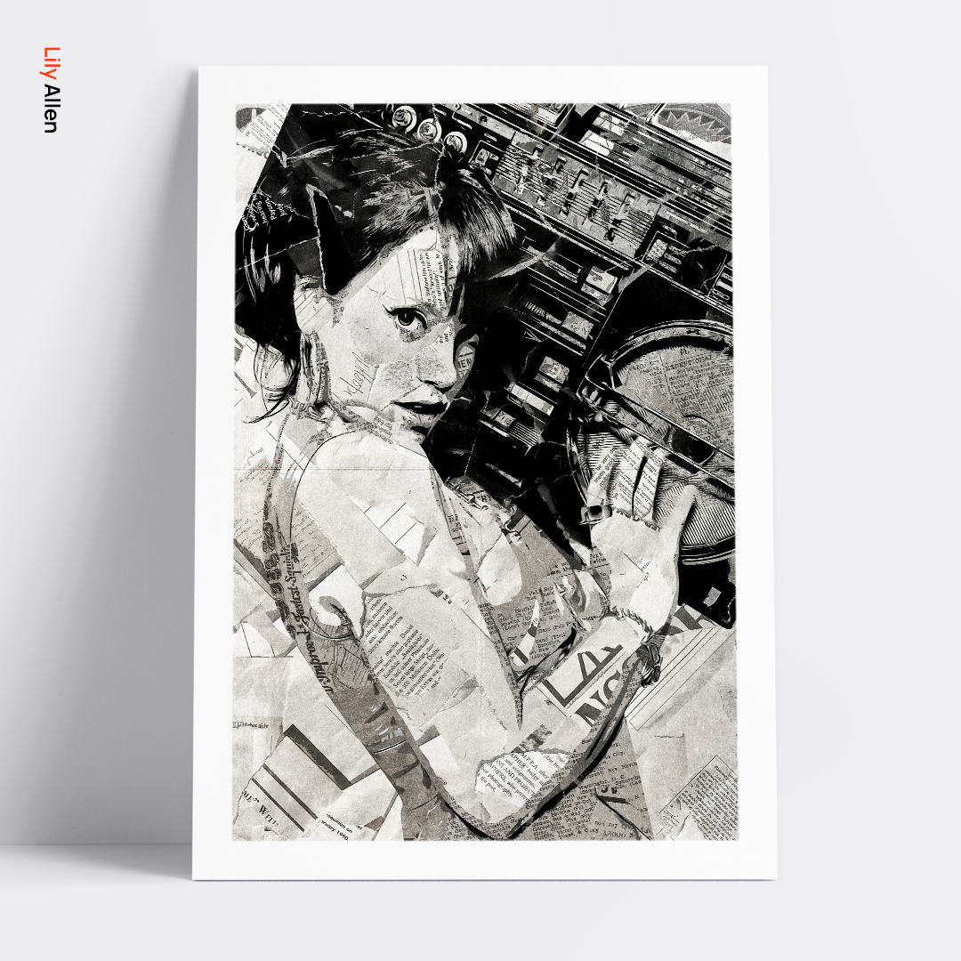 A Lily Allen poster design - a portrait of Lily Allen made using a collage of torn pieces of magazine pages in black and white.