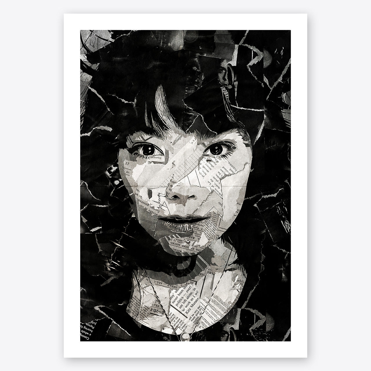 A digital collage portrait of Bjork created using ripped up magazines and newspaper. An archival standard quality print from The Building House.