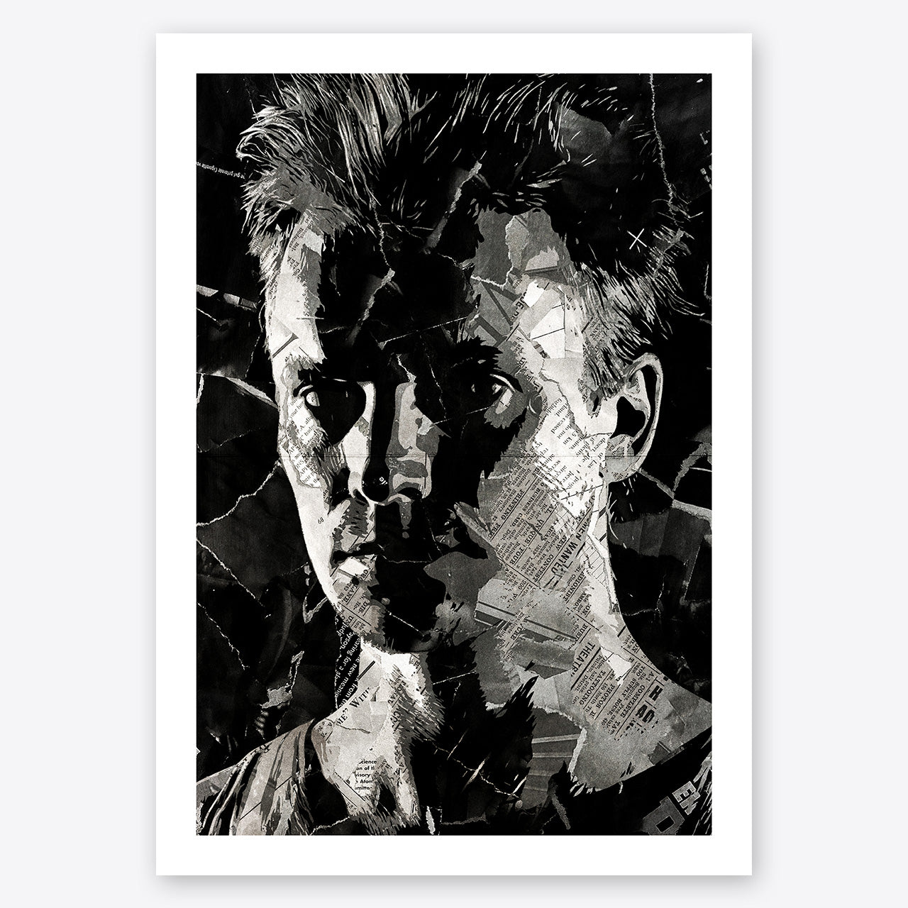 A digital collage portrait of Sting created using ripped up magazines and newspaper. An archival standard quality print from The Building House.