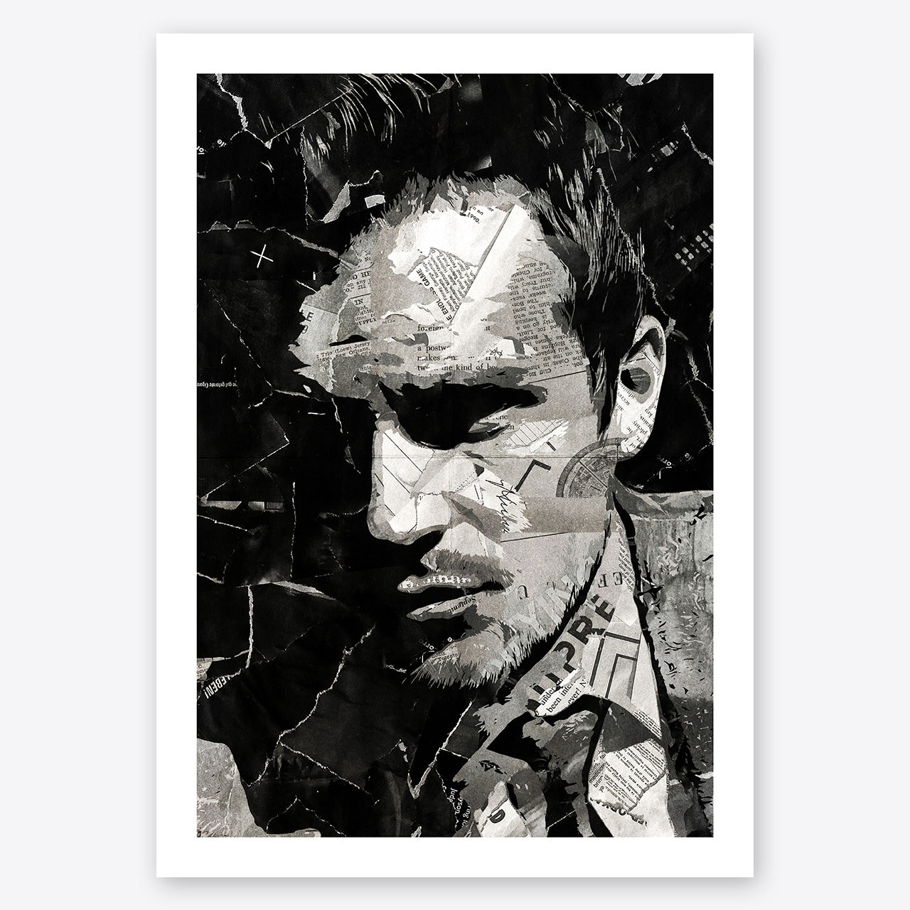 A digital collage portrait of Brandon Flowers of Killers created using ripped up magazines and newspaper. An archival standard quality print from The Building House.