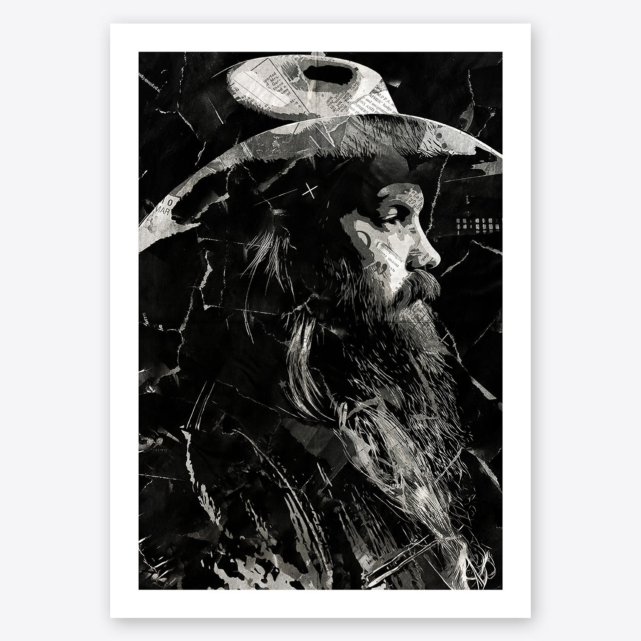 A digital collage portrait of Chris Stapleton created using ripped up magazines and newspaper. An archival standard quality print from The Building House.