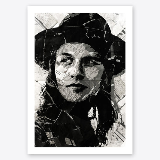 A digital collage portrait of James Bay created using ripped up magazines and newspaper. An archival standard quality print from The Building House.