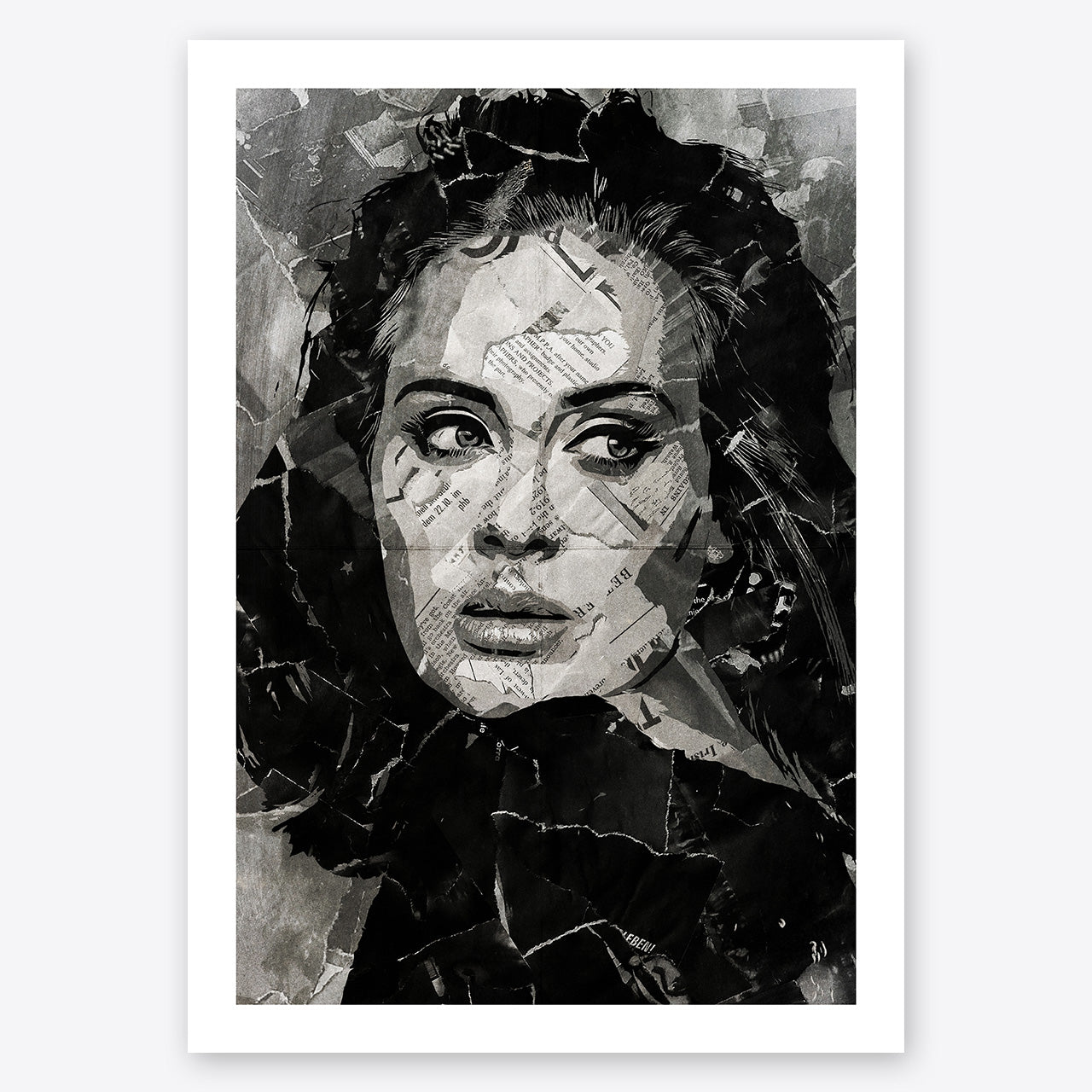 A digital collage portrait of Adele created using ripped up magazines and newspaper. An archival standard quality print from The Building House.